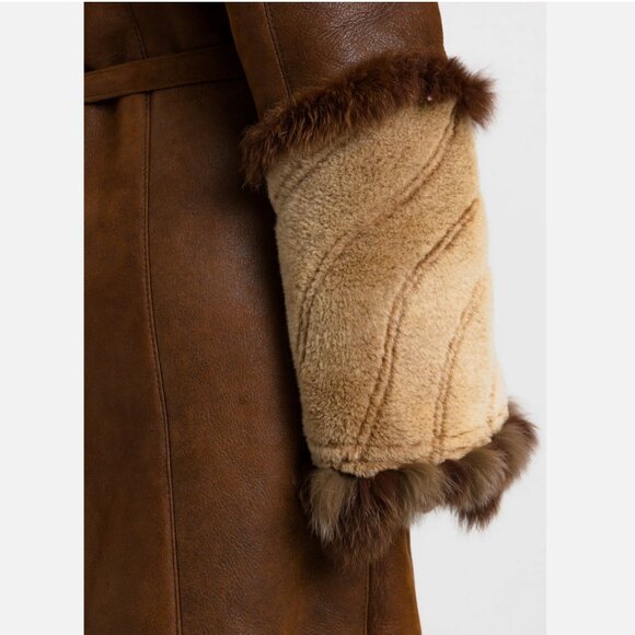 Genuine Suede Sheepskin Shearling Fur Coat Long Hood Vintage Penny Lane Princess - Picture 7 of 9
